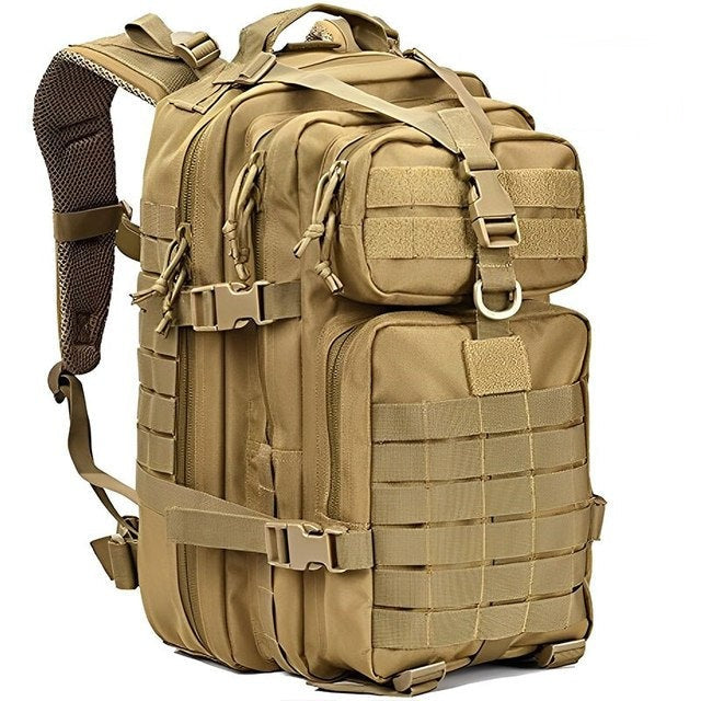 Desert colour backpack, 40 litre capacity, tactical style with multiple storage pockets.