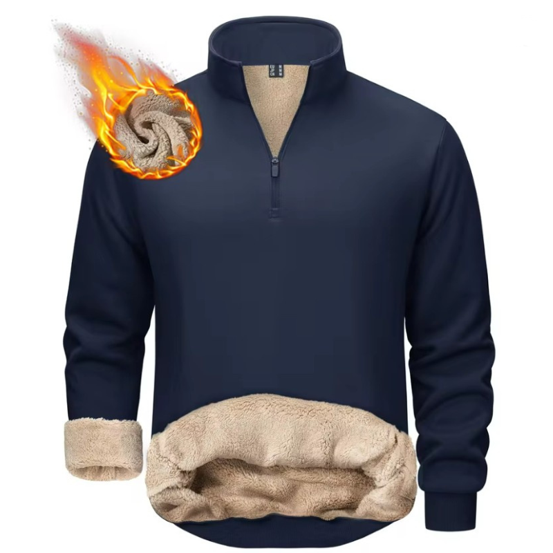 Navy blue pullover with beige lining and flame graphic on a white background