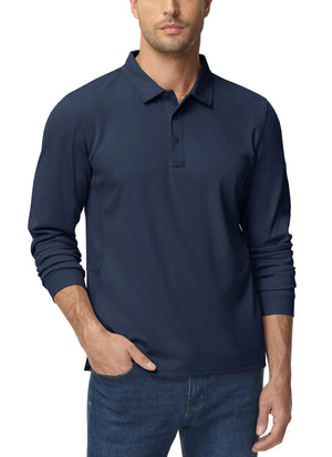 Male model with hand in jeans pocket wearing a long sleeve navy shirt. 