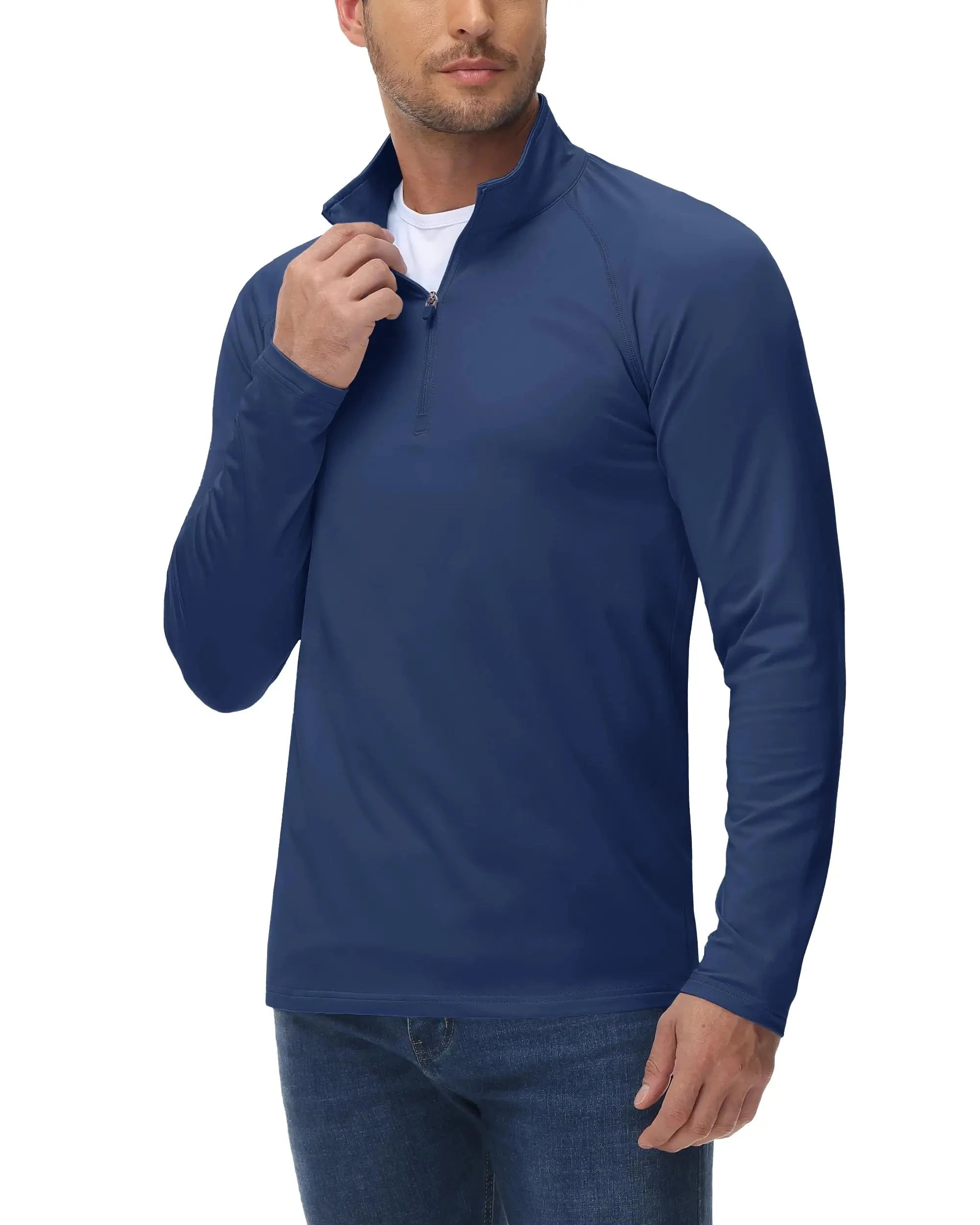 Man wearing a warm navy thermal mid layer shirt with white t-shirt underneath. 