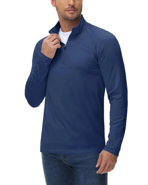 Man wearing a warm navy thermal mid layer shirt with white t-shirt underneath. 