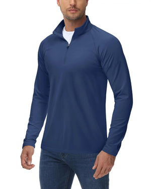 Male model wearing a warm thermal base layer shirt with white t-shirt underneath. 