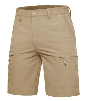 Men's khaki work shorts with zip cargo pockets. The cloth is stretchy and comfortable.