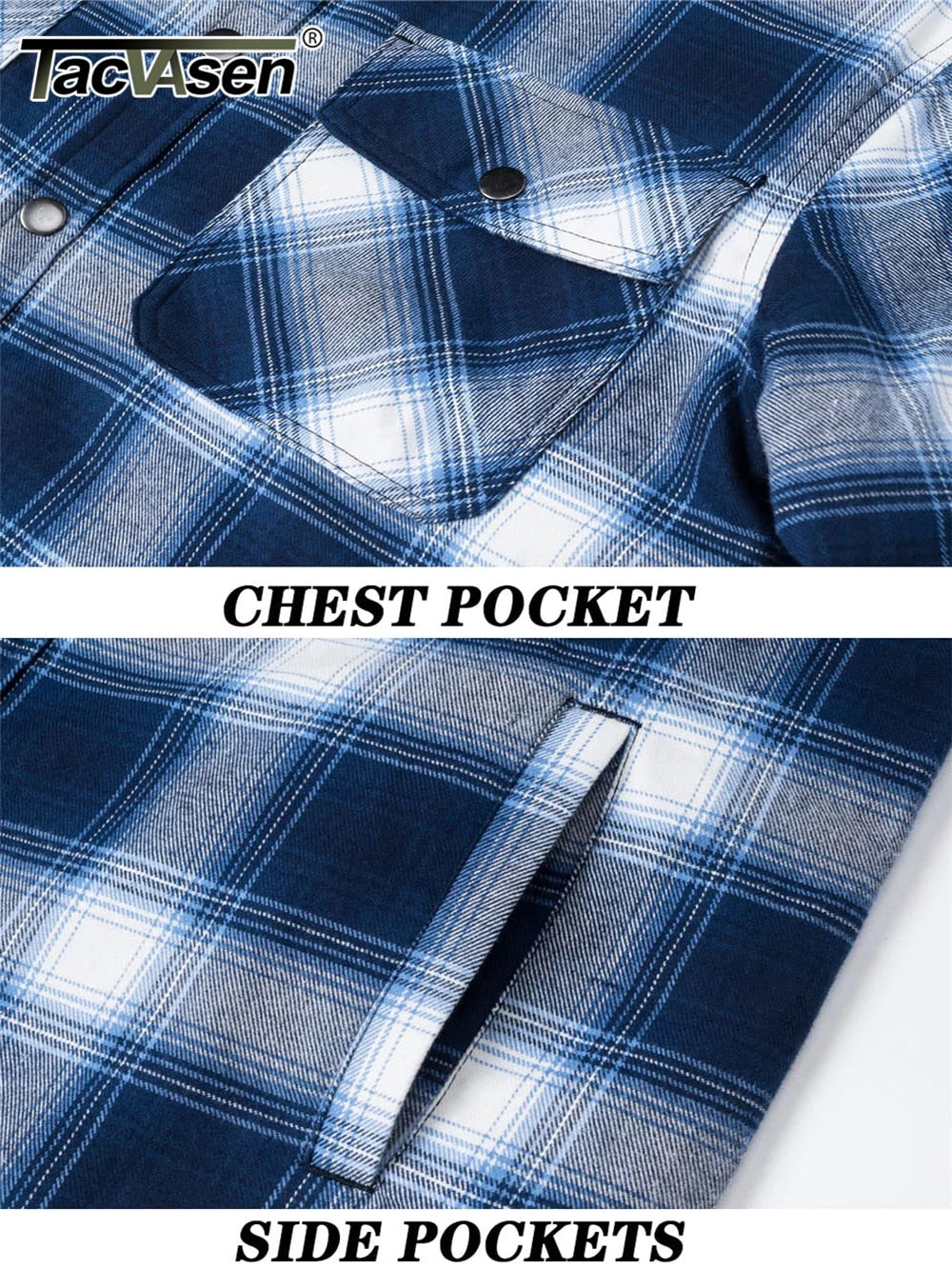 blue and white plaid jacket with chest pocket and side hand pockets. 