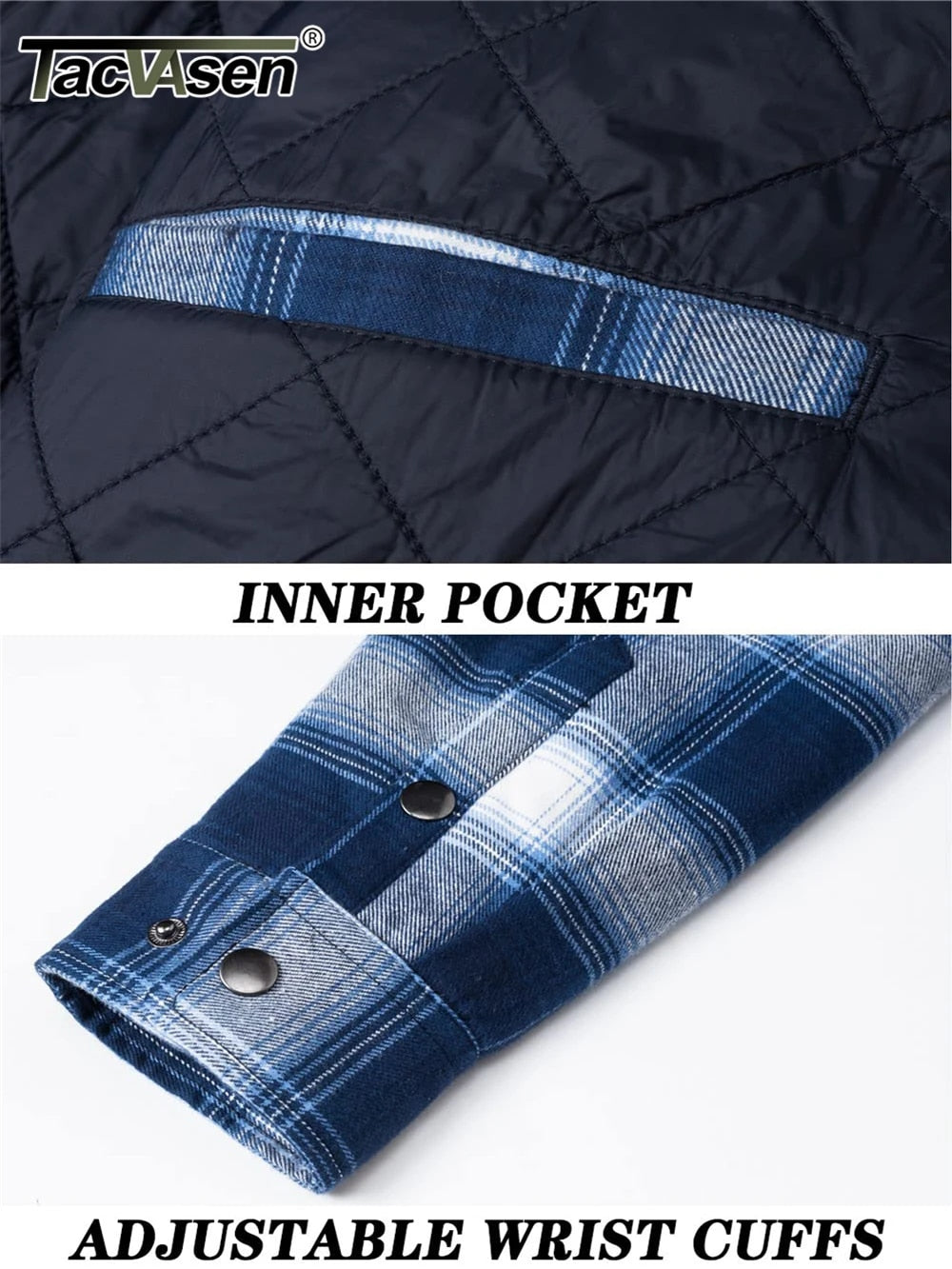 Inner pocket and adjustable cuffs on men's flannelette jacket.