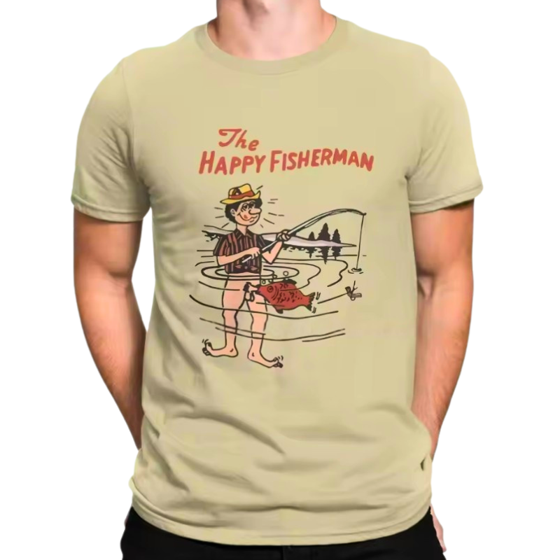 Beige t-shirt with 'The Happy Fisherman' graphic design on a white background