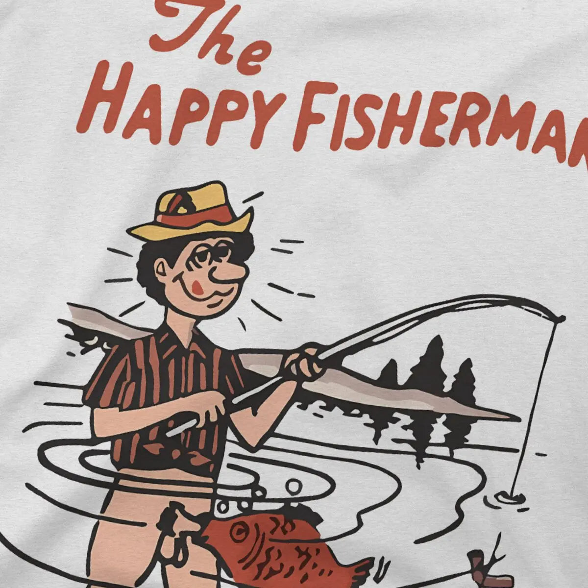 Illustration of a fisherman with text 'The Happy Fisherman' on a white background.