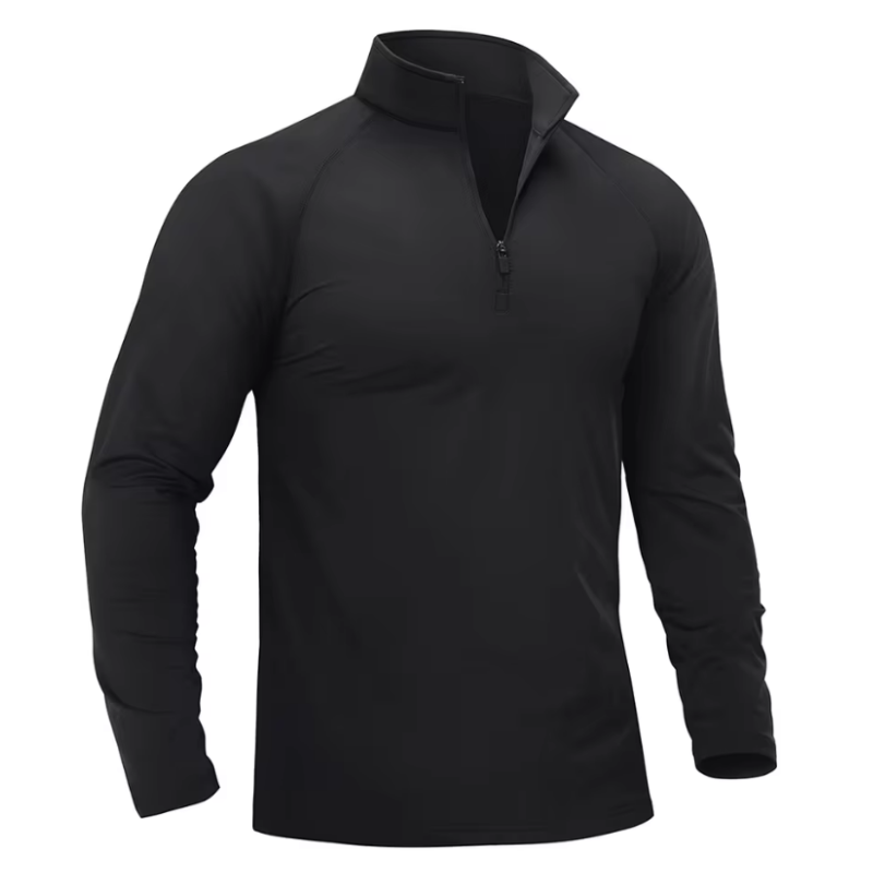 A black long sleeve collared shirt.