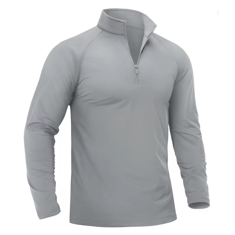 A light grey long sleeve collared shirt.