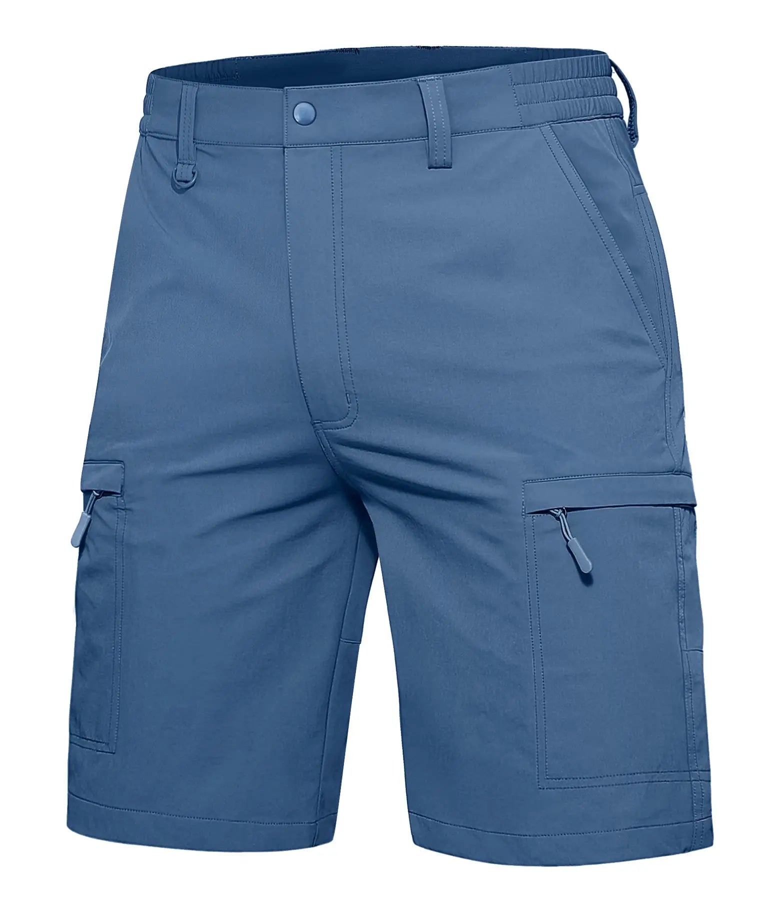 A dusky blue pair of men's water resistant shorts with zip pockets.