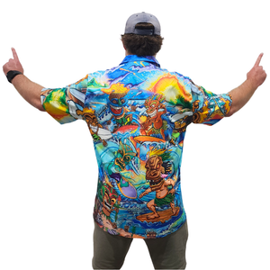 Back profile of the Tiki Hawaiian style shirt being worn by man with hat on.
