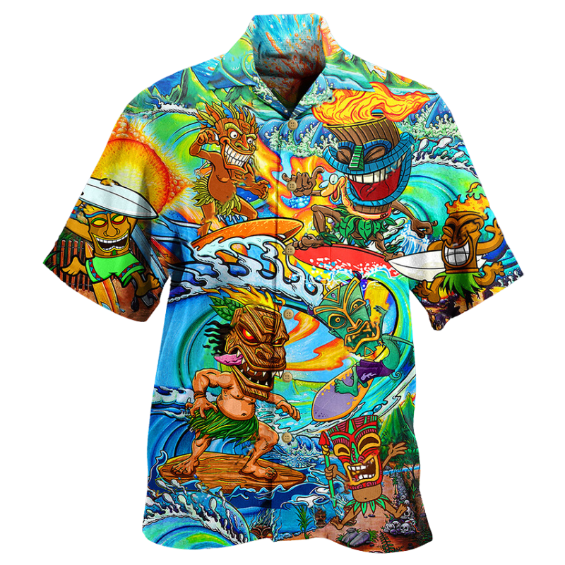 Bright coloured tiki style Hawaiian shirt, short sleeve with buttons available to buy at Guts Fishing Apparel.
