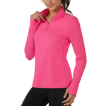 Female model wearing a rose red long sleeve thermal shirt.