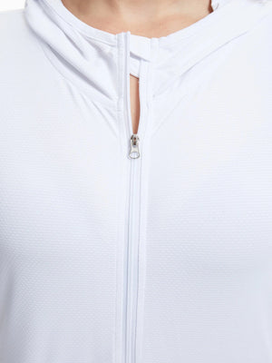 Close-up of a white zip-up hoodie with a focus on the zipper.