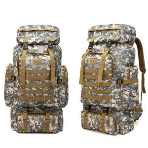 two urban camouflage backpacks on display.