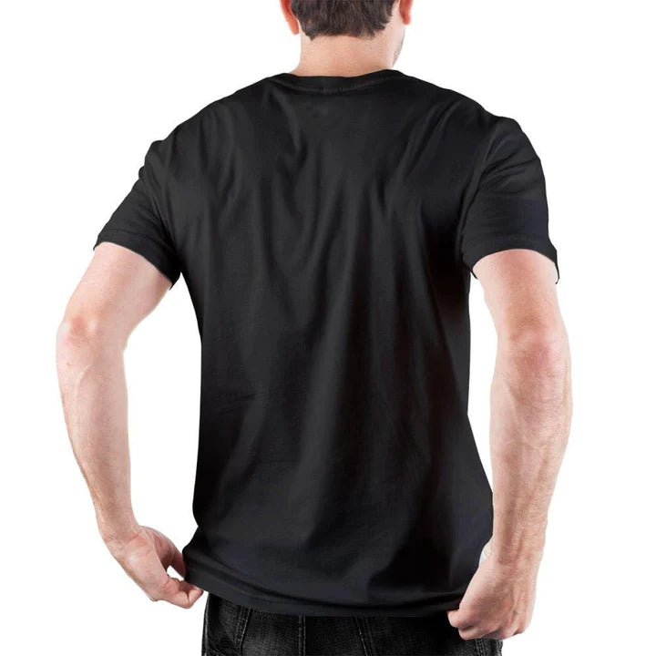 Male model with his back turned wearing a black cotton t-shirt and jeans. 