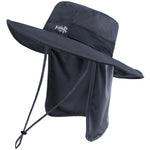 Dark grey hat used for fishing, it has a flap on the back to protect your neck and ears from the sun.