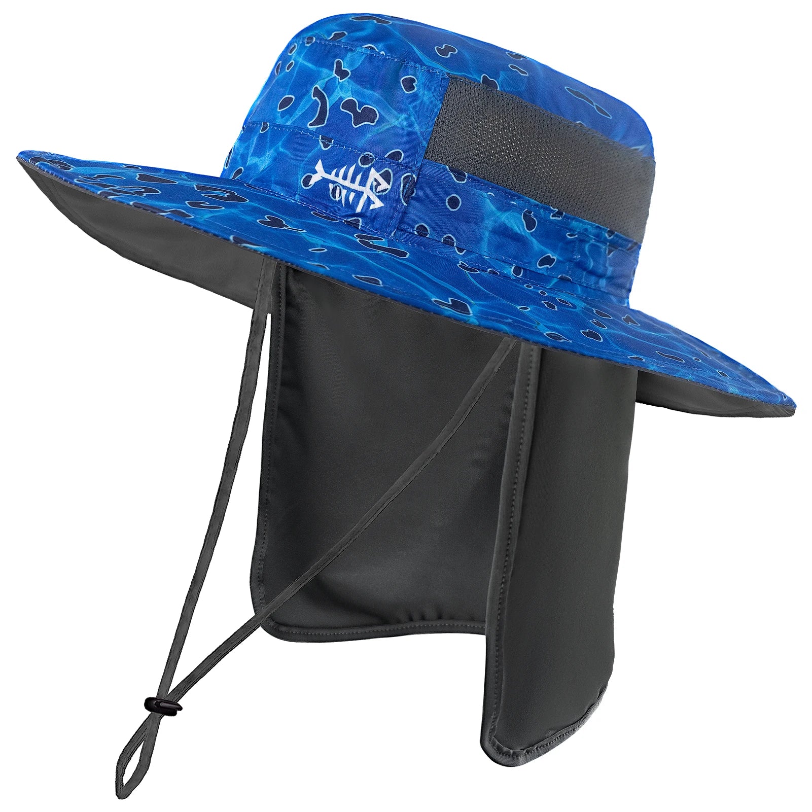 Blue camouflage fishing hat mesh air ventilation on the side of the head.  