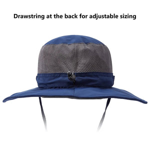 This blue hat has a drawstring on the back with an adjustable toggle. 