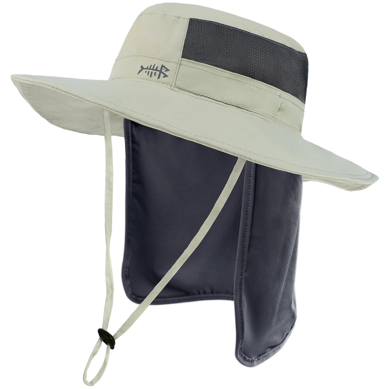 Beige bucket hat used for fishing, it has a flap on the back to protect your neck and ears from the sun. It also has a chin strap for windy days or while riding in a boat.