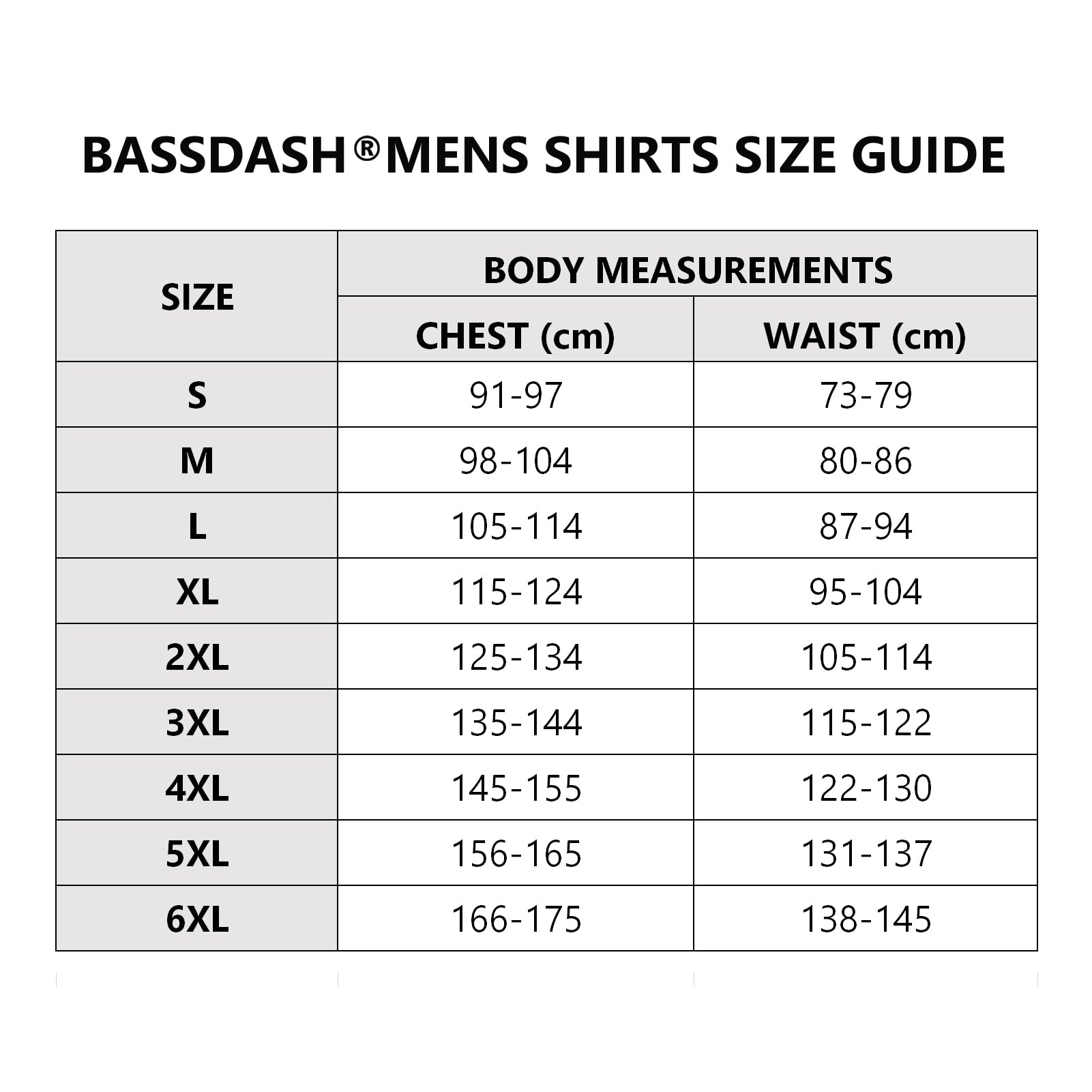 Bassdash t-shirt size chart. Large fitting sizes. 