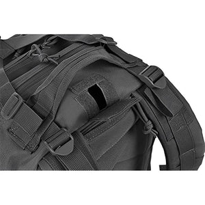 opening in black backpack for water bladder hose.