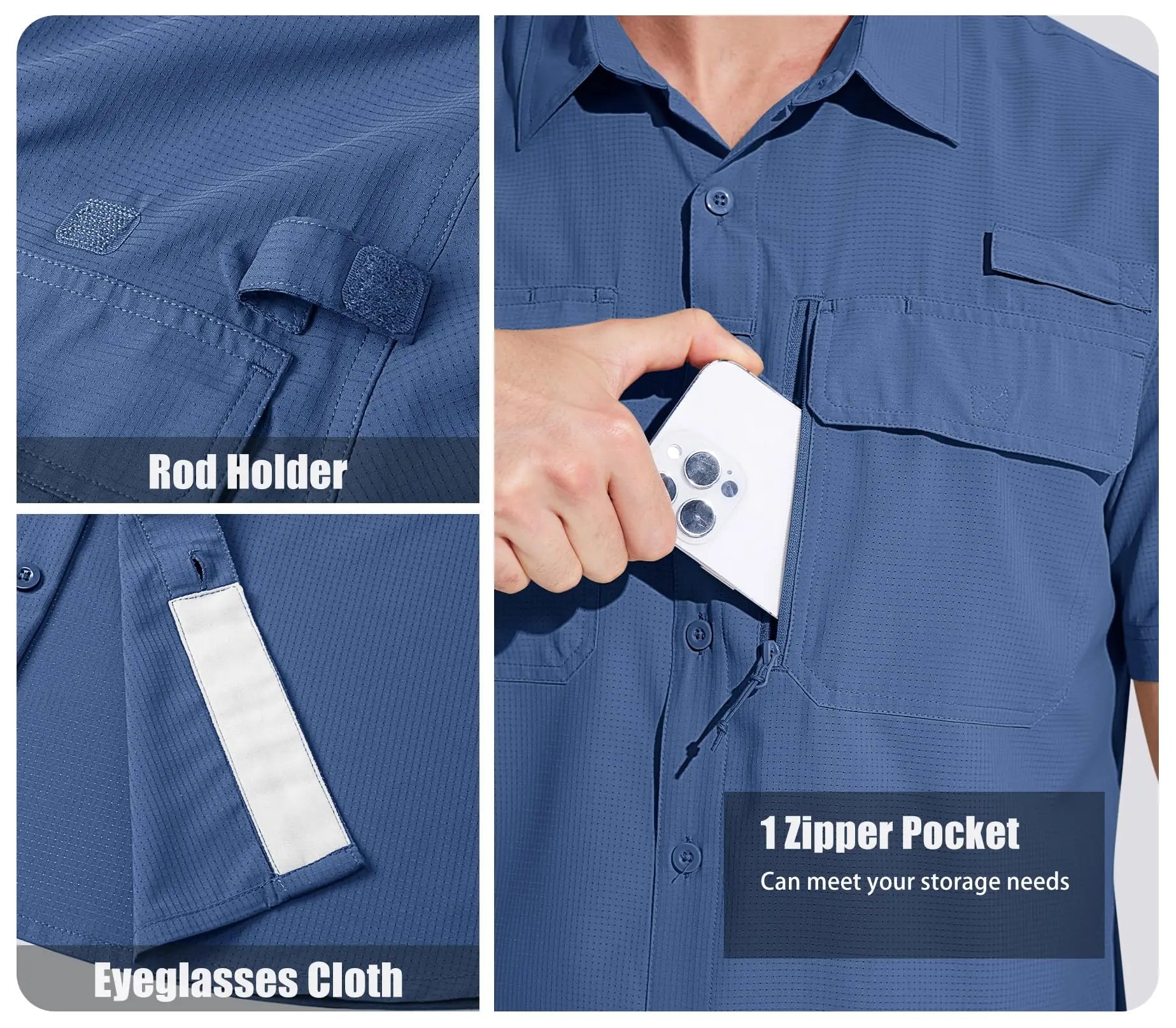 Men's shirt with a zip pocket on the chest and fishing rod holder loop.