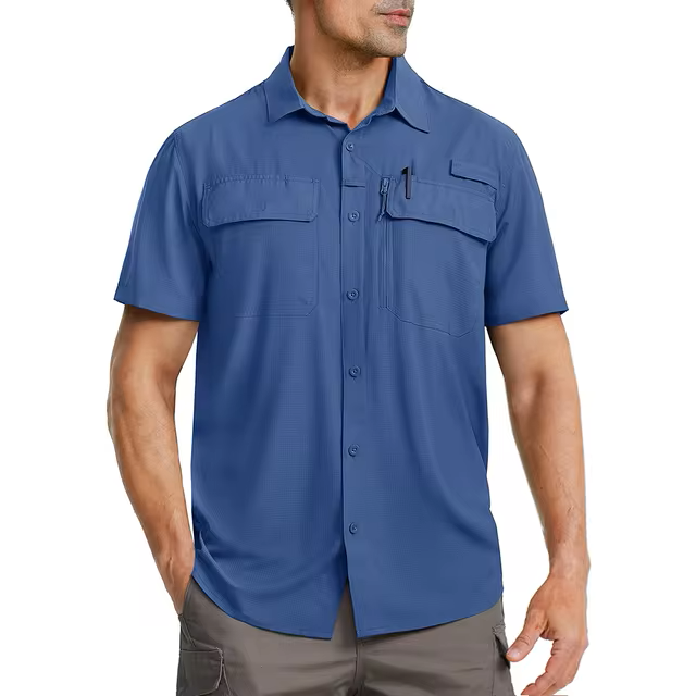 Blue short sleeve button-up fishing shirt with pockets.