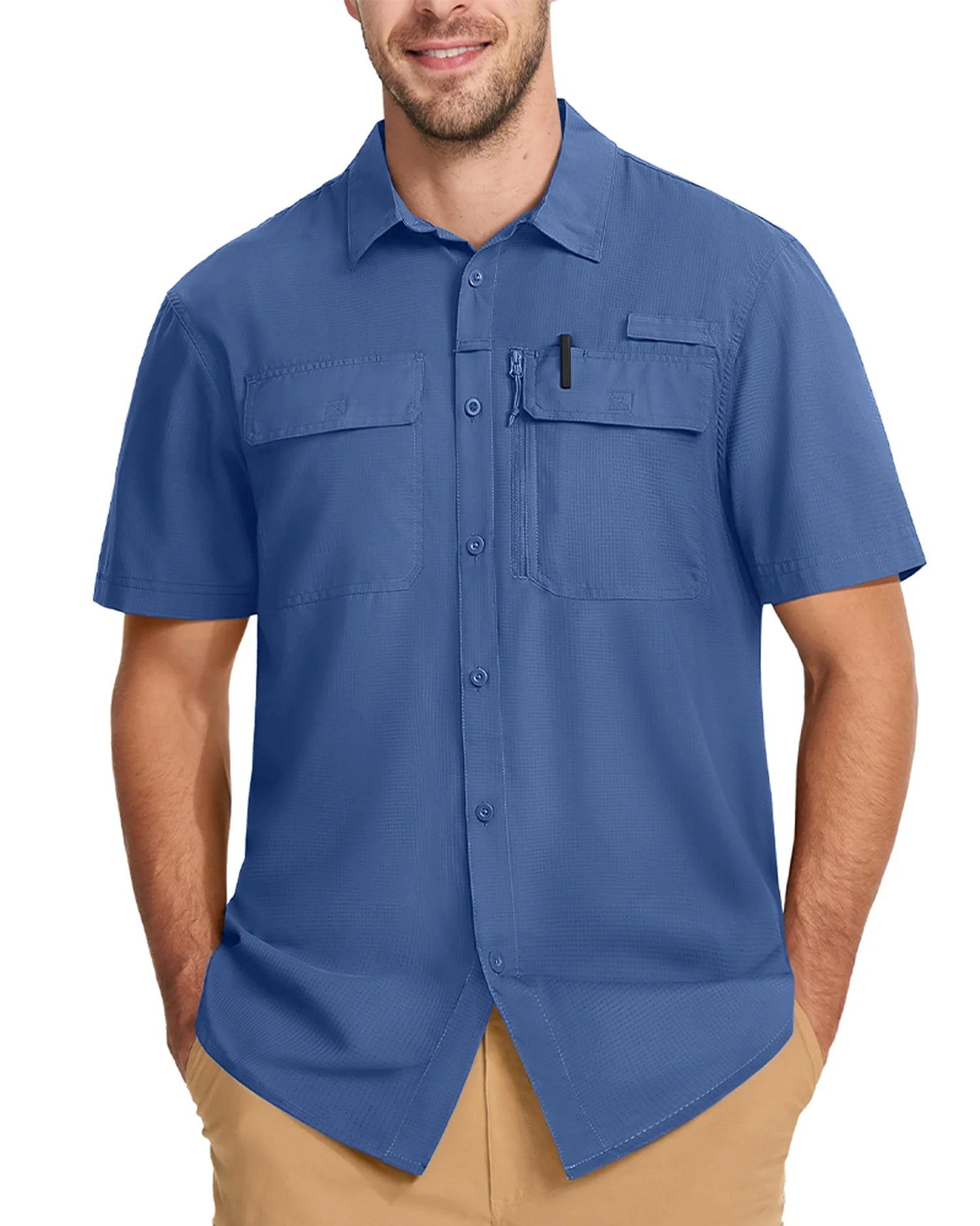 Men's blue button-up shirt with short sleeves and made from lightweight polyester material.