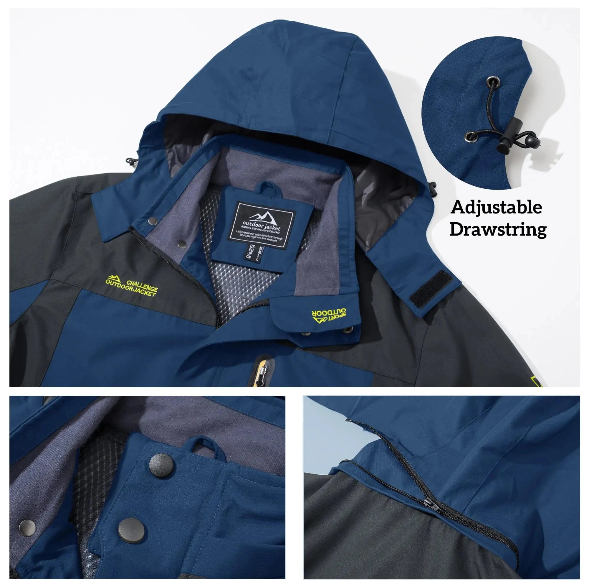 Blue rain jacket with a removable hood. 