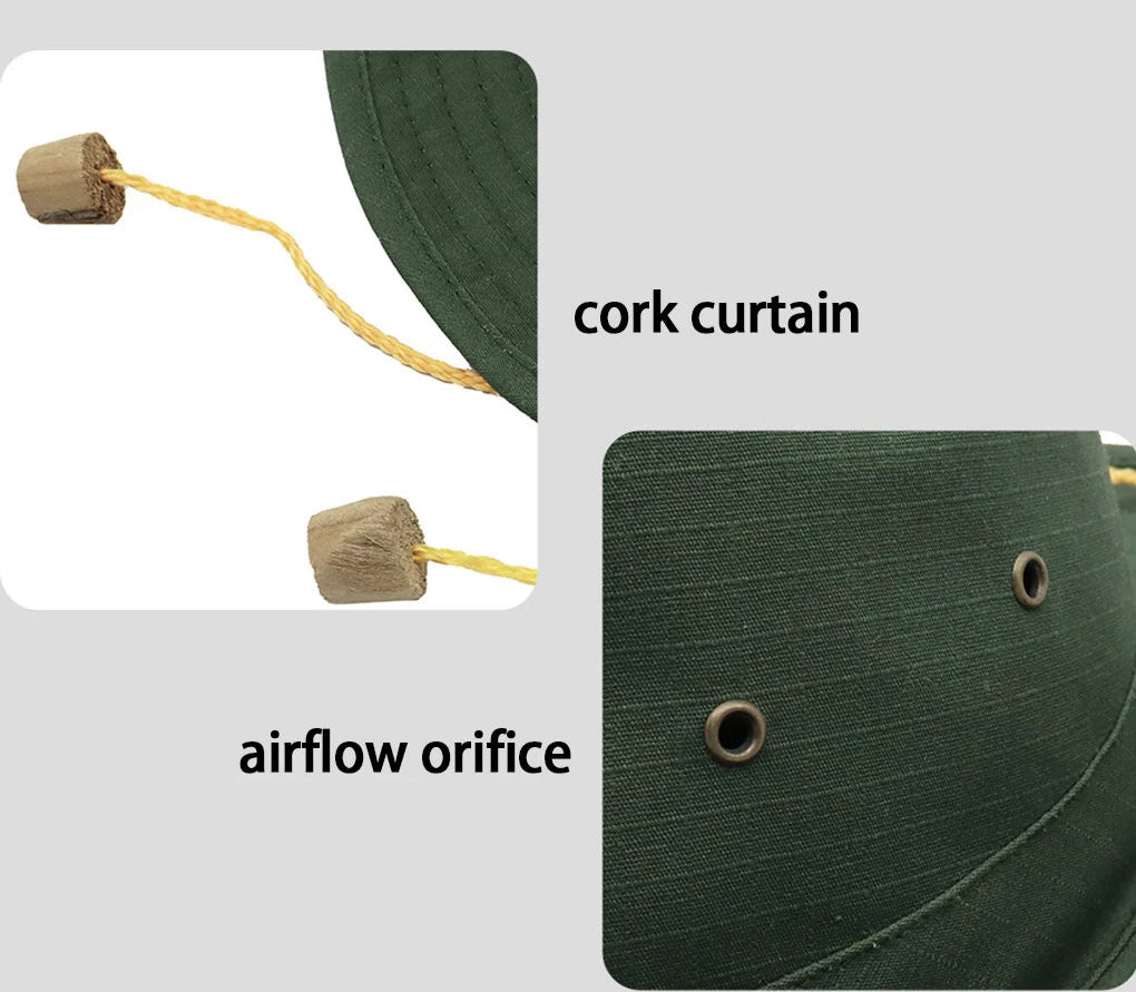 Green wide brim bucket hat with a cork curtain and air vent holes. 