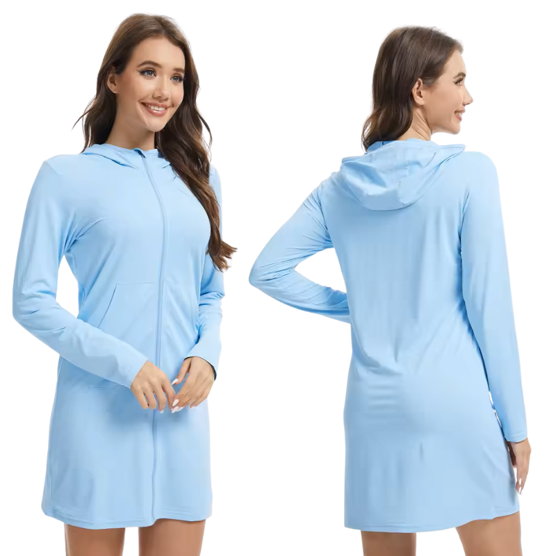 Female model wearing a light blue hoodie beach dress shown from front and back on a white background.