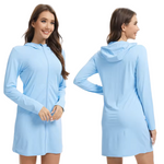 Female model wearing a light blue hoodie beach dress shown from front and back on a white background.