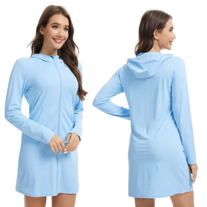 Female model wearing a light blue hoodie beach dress shown from front and back on a white background.