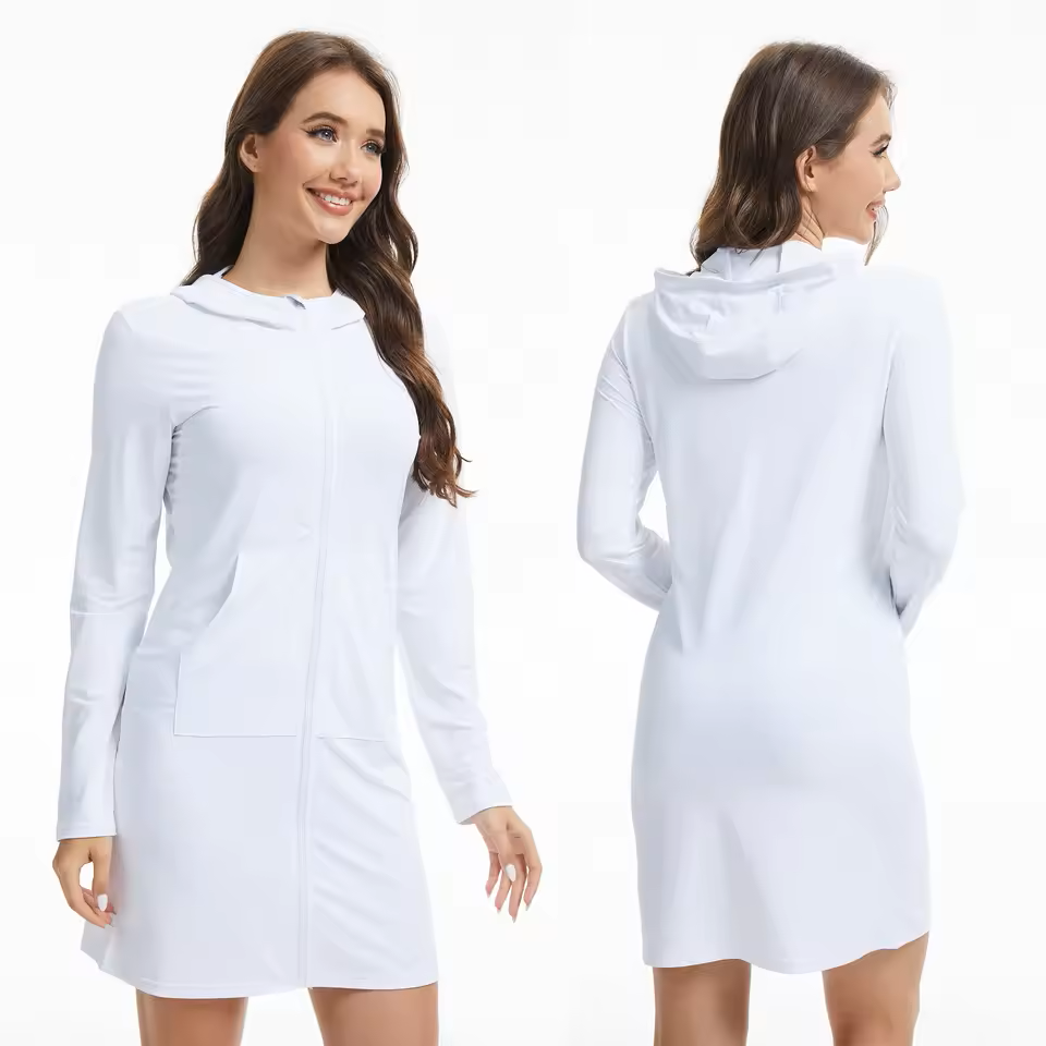 White hoodie UPF 50+ dress worn by a model on a white background