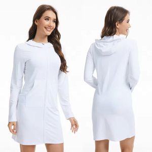 White hoodie UPF 50+ dress worn by a model on a white background