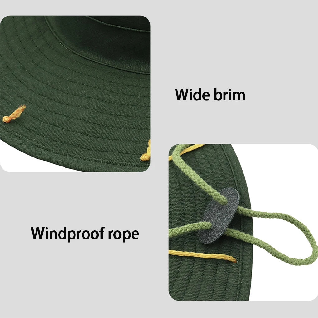 Wide brim dark green bucket hat with an adjustable chin strap. 