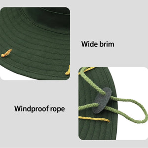 Wide brim dark green bucket hat with an adjustable chin strap. 