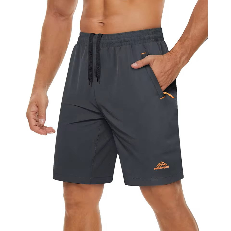 Gray shorts with orange accents on a white background.