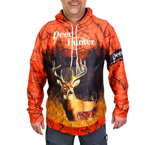 Bright orange hunting hoodie being worn by male model. Camouflage deer design. 