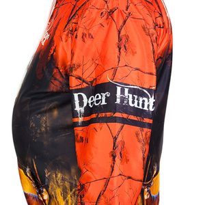 Deer Hunt written on the arm of a orange hoodie.