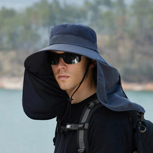 Male model wearing the Detachable Flap Fishing Hat.