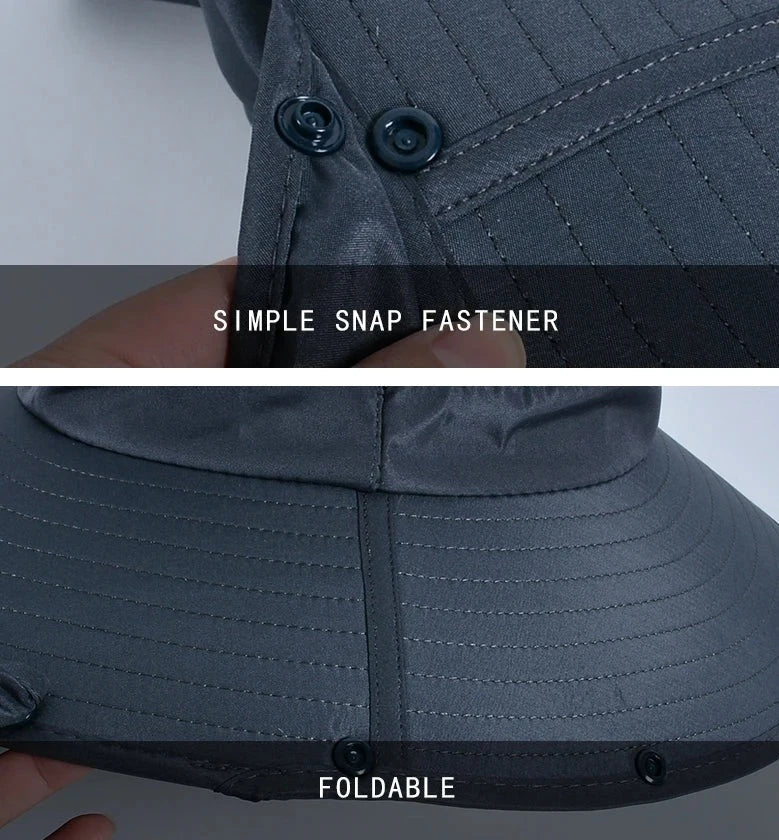 Foldable fishing hat with snap buttons so the flap can be removed. 