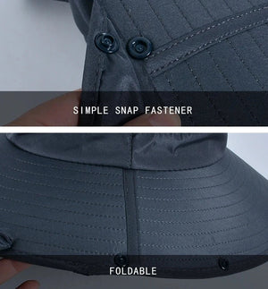 Foldable fishing hat with snap buttons so the flap can be removed. 