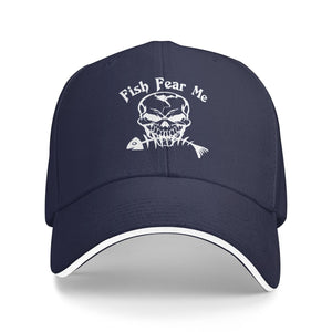 Navy cap with fish fear me in white printed onto it.