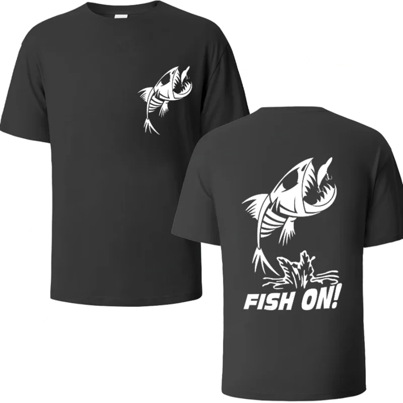 Black t-shirt with white fish skeleton design on front and 'Fish On!' text on back.