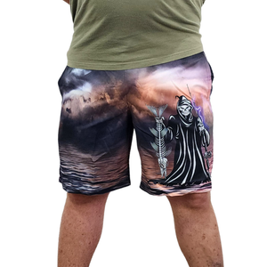 Male model wearing the new fish reaper fishing shorts.