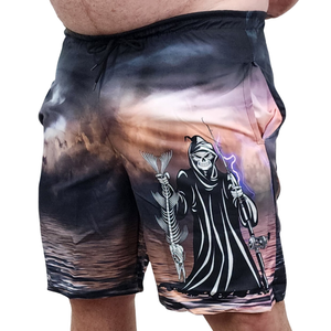 Grim reaper and stormy dark ocean printed onto a pair of men's quick drying fishing shorts.