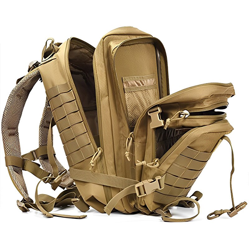 Brown multi compartment backpack with lots of storage and zips.