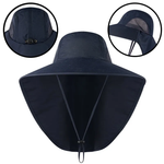 Navy wide brim fishing hat with a flap that protects your neck from the sun. The hat also has breathable mesh on the sides and a chin strap.